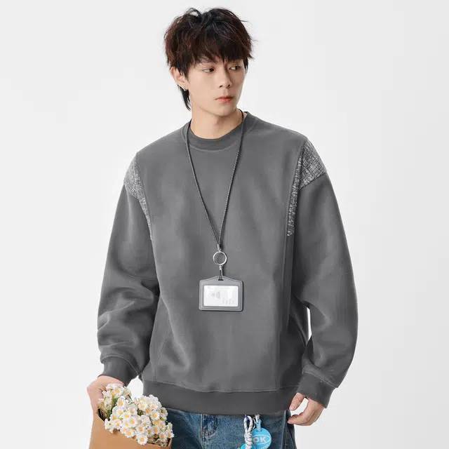 隐狼世家 春秋季圆领男宽松日系复古拼接套头打底衫情侣潮流百搭卫衣 男款