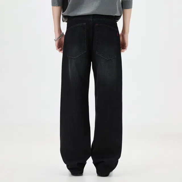 隐狼世家 纯棉阔腿男宽松美式水洗做旧重磅直筒长裤牛仔裤 男款