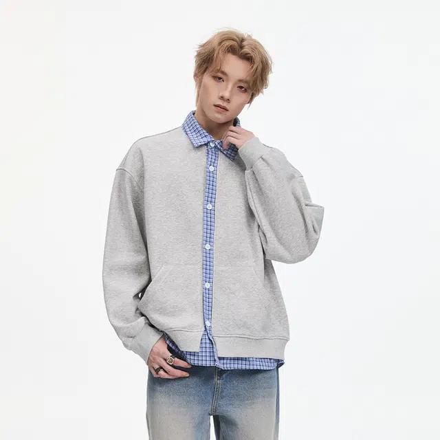 隐狼世家 假两件格子拼接外套男潮牌秋季美式宽松学院风痞帅夹克开衫卫衣 男款