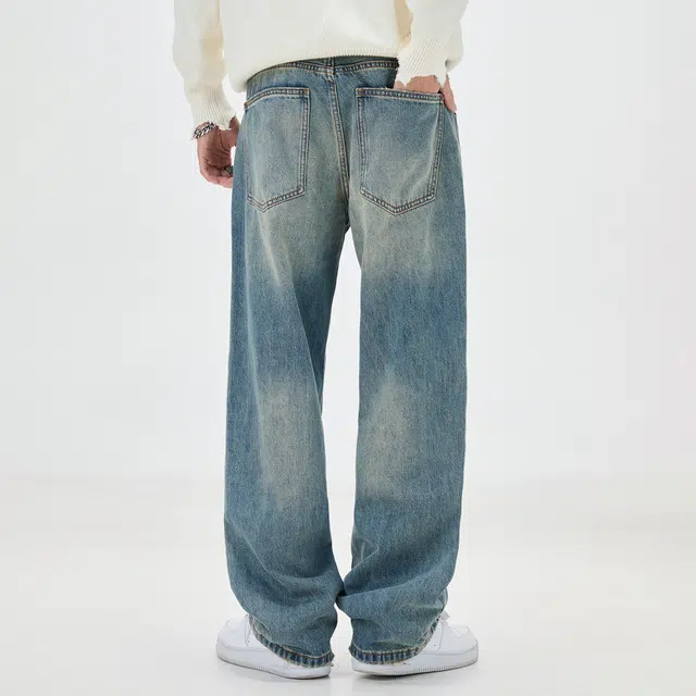 隐狼世家 美式复古水洗男宽松直筒阔腿休闲裤子牛仔裤 男款
