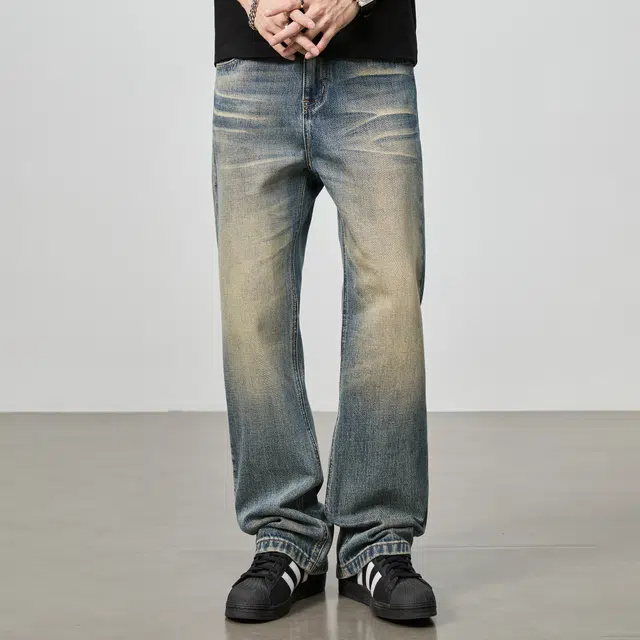 隐狼世家 美式复古男士宽松直筒水洗做旧阔腿长裤子牛仔裤 男款