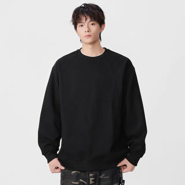 隐狼世家 男圆领宽松套头纯色日系复古拼接结构款春秋季百搭休闲卫衣 男款