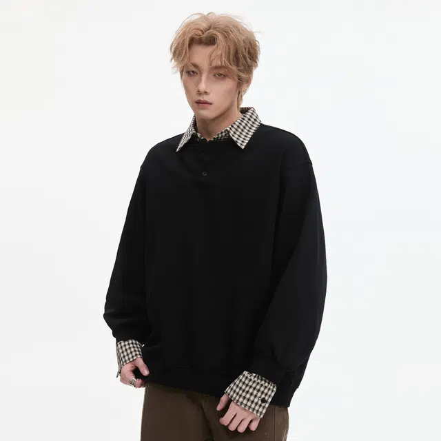 隐狼世家 复古假两件衬衫拼接翻领男生秋季潮牌宽松情侣休闲外套卫衣 男款