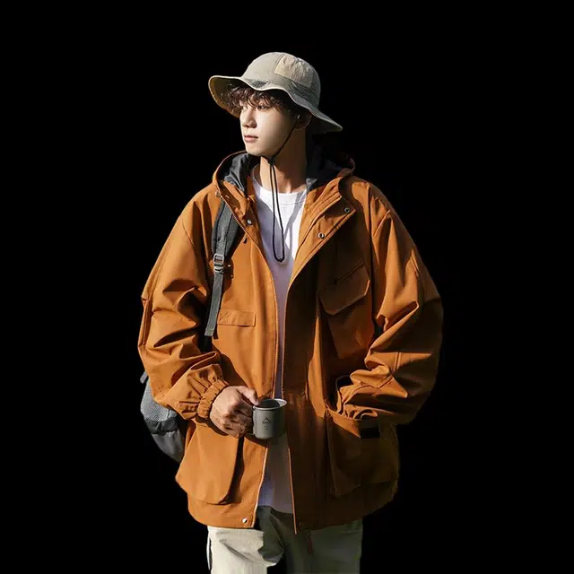 隐狼世家 秋季户外防水工装男女中性多口袋连帽外套日系潮牌机能冲锋衣夹克 男款