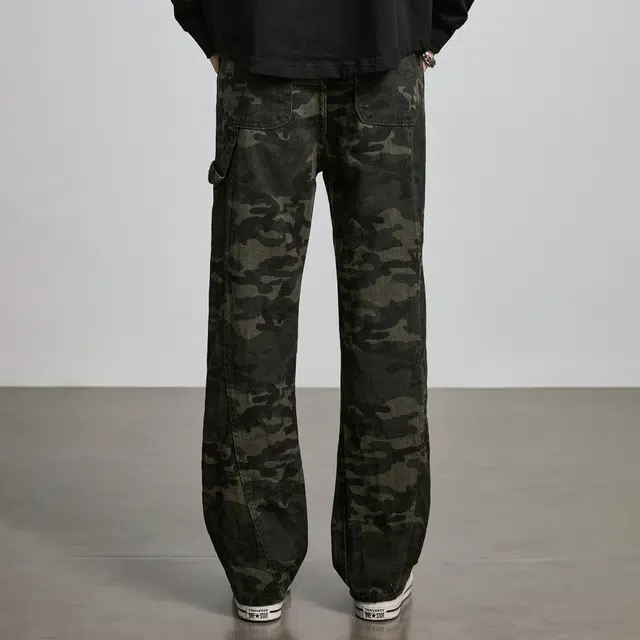 隐狼世家 迷彩男士潮牌美式复古高街百搭宽松微喇工装裤牛仔裤 男款