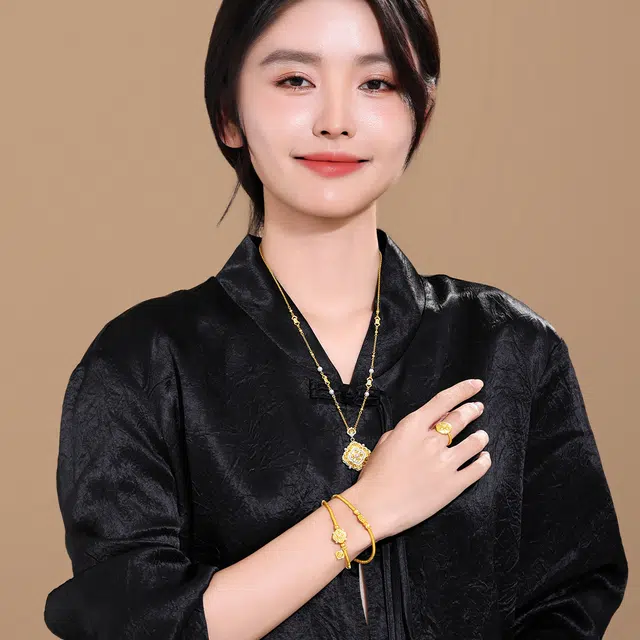 老庙 传家宋韵四合如意黄金锁骨链珍珠花丝古法 足金 按克计价 项链 女款