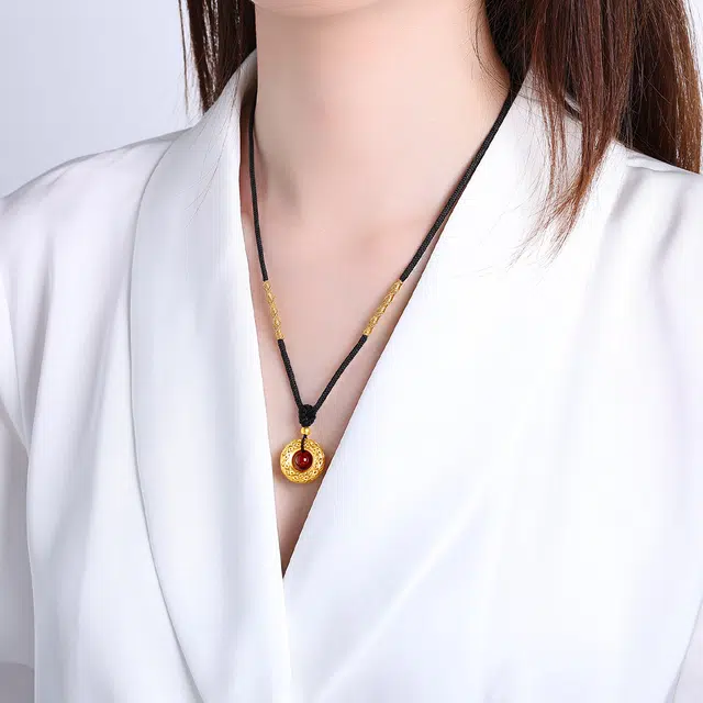 老庙 平安如意 镂空圆环平安扣福气满满 足金玛瑙 按克计价 项链 女款