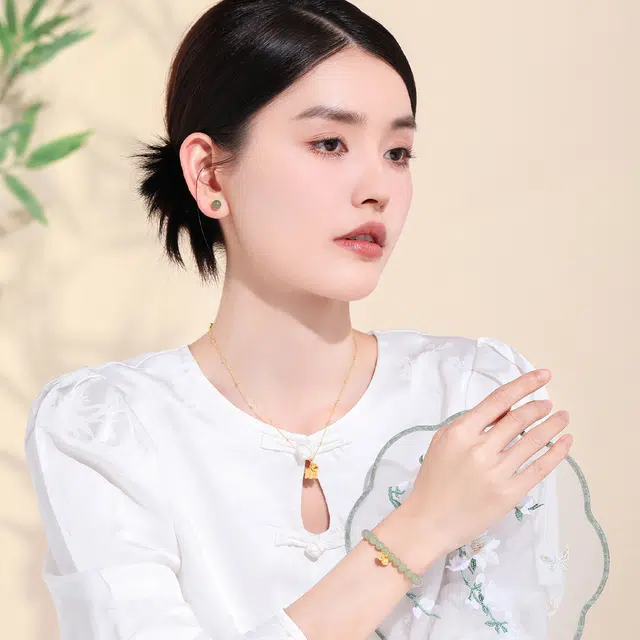 老庙 好事莲莲吉祥如意串珠链 足金 和田玉 黄金手串 女款 青玉