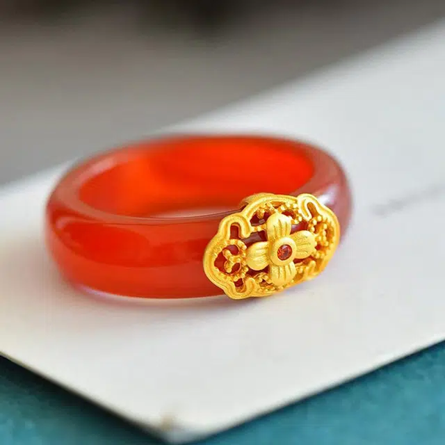 老庙 花开锦绣 新中式国潮轻奢经典精致古风气质#好运 玛瑙 玉石戒指 女款