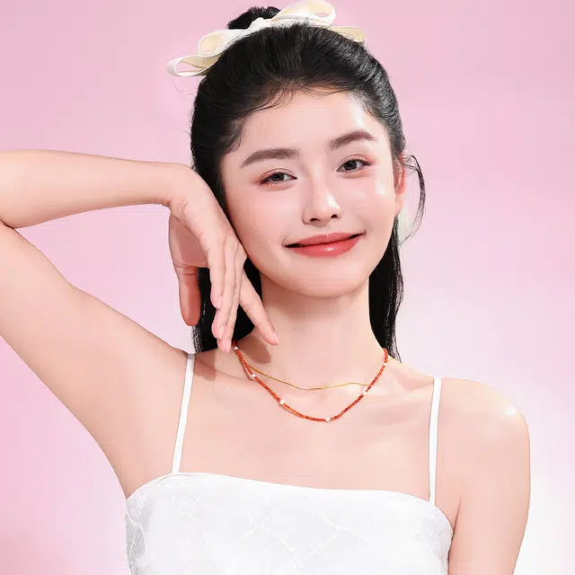 老庙 闪切柿子红小米珠搭锁骨链时尚 南红 项链 女款