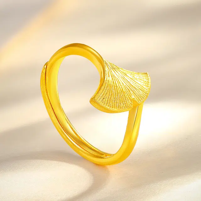 老庙 浪漫银杏叶三生有幸 婚嫁订婚唯美 足金 按克计价 黄金戒指 女款