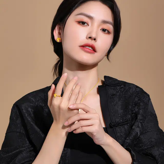 老庙 浪漫银杏叶三生有幸 婚嫁订婚唯美 足金 按克计价 黄金戒指 女款