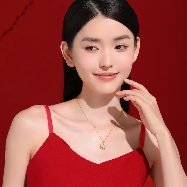 老庙 经典祥云锁 和田玉足金 黄金吊坠 女款 青玉