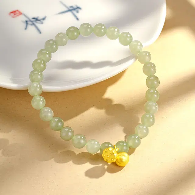 老庙 好事莲莲吉祥如意串珠链 足金 和田玉 黄金手串 女款 青玉