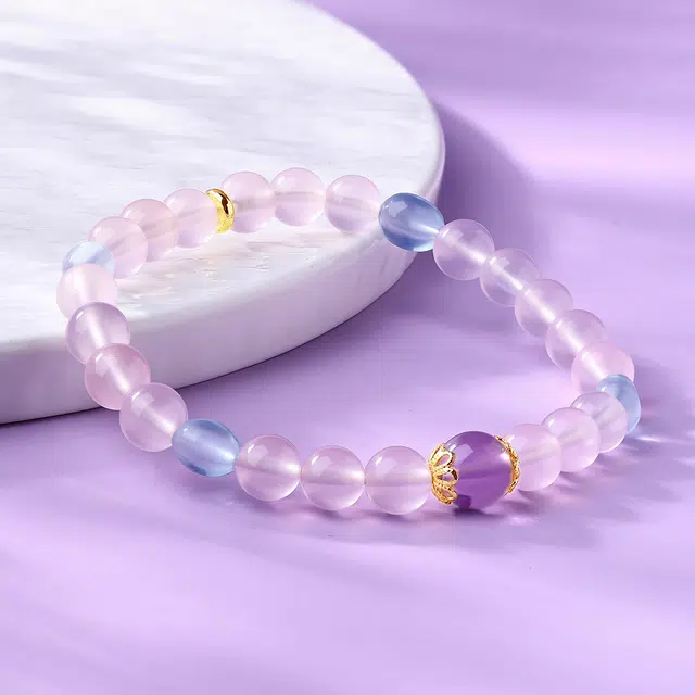 老庙 灼灼粉黛 桃花粉晶混搭海蓝紫晶珠串 森系清新旺顺利上岸平安转运能量设计感温柔百搭#好运天然 粉水晶 手串 女款