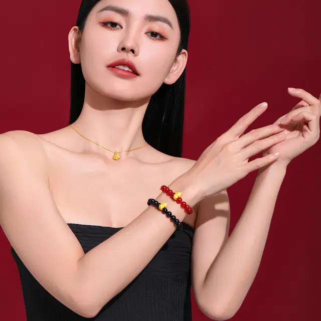 老庙 普贤菩萨硬金中国风 守护神轻奢黑玛瑙 高级感 足金 一口价 手串 女款