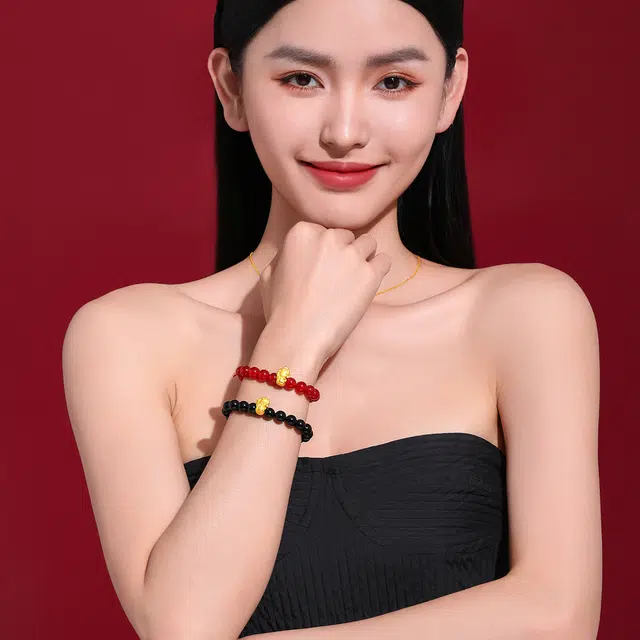 老庙 普贤菩萨硬金中国风 守护神轻奢黑玛瑙 高级感 足金 一口价 手串 女款