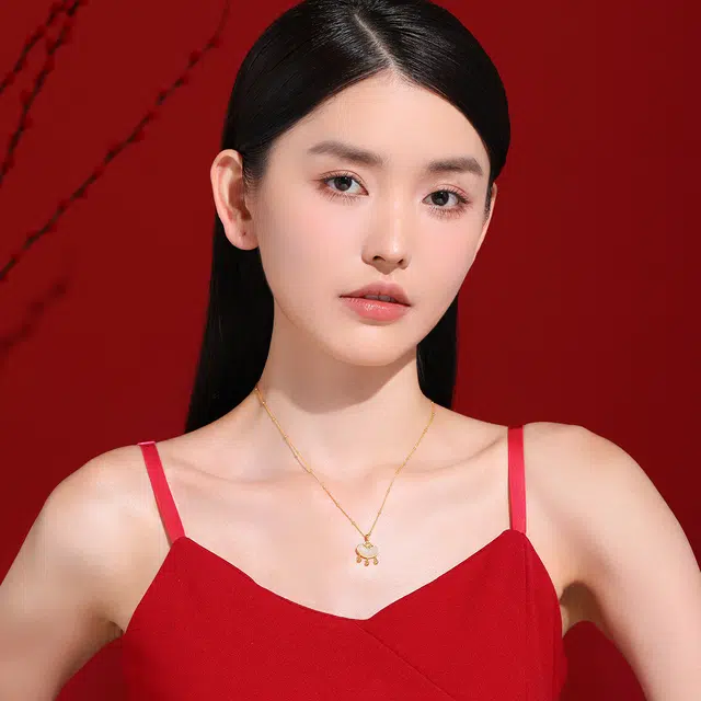 老庙 经典祥云锁 和田玉足金 黄金吊坠 女款 青玉