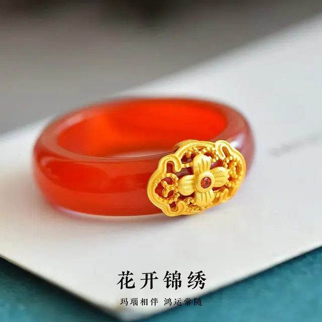 老庙 花开锦绣 新中式国潮轻奢经典精致古风气质#好运 玛瑙 玉石戒指 女款