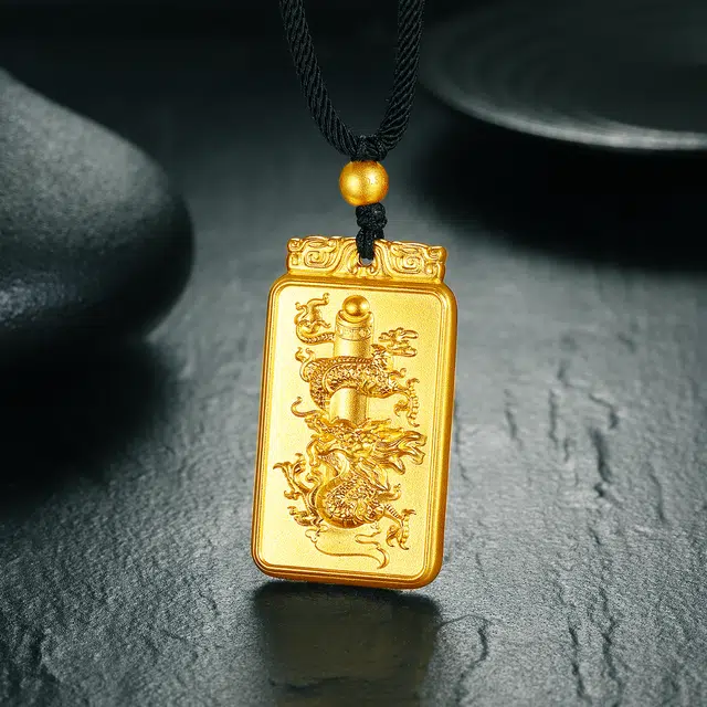 老庙 古法金工艺吉祥 龙腾四海配绳 足金 按克计价 黄金吊坠 男款