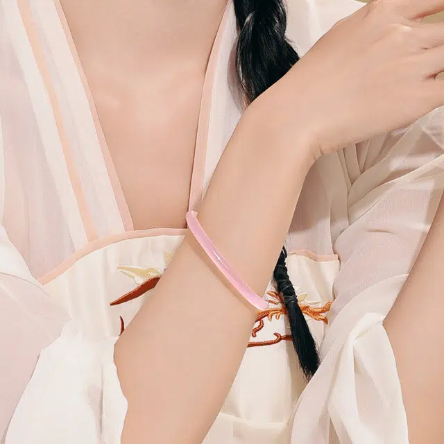 老庙 白月光荔枝冻半粉渐变色甜美冰透国风古韵素圈 玉髓 手镯 女款