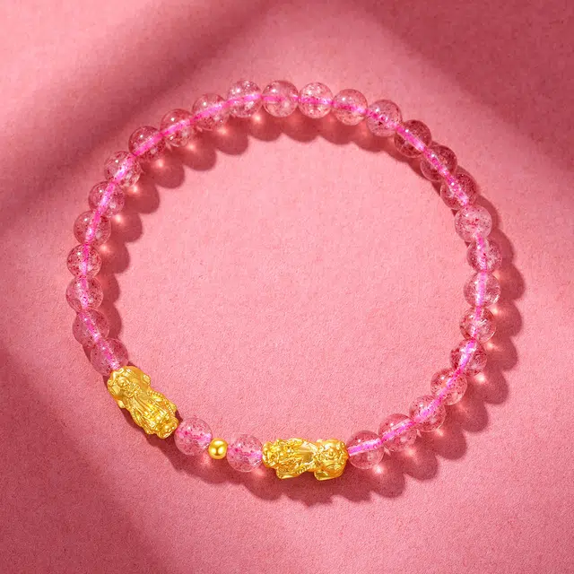 老庙 招财貔貅浪漫串珠招桃花双龙戏珠轻奢精致时尚百搭#好运天然 草莓晶 手串 女款