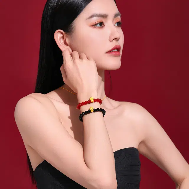 老庙 普贤菩萨硬金中国风 守护神轻奢黑玛瑙 高级感 足金 一口价 手串 女款