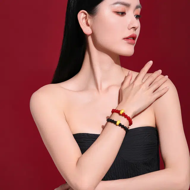 老庙 普贤菩萨硬金中国风 守护神轻奢黑玛瑙 高级感 足金 一口价 手串 女款
