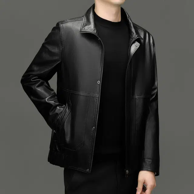 高端时尚立领山羊皮机车真皮夹克外套适合商务通勤皮衣 男款