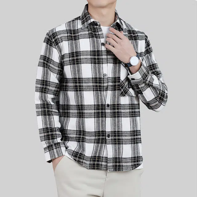 费尔岛上的猫 时尚商务休闲百搭格子长袖外套衬衫 男款