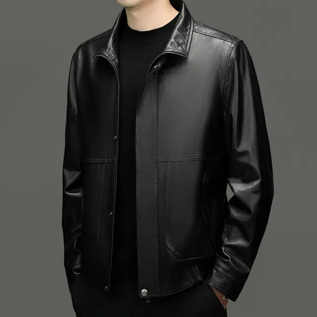 高端时尚立领山羊皮机车真皮夹克外套适合商务通勤皮衣 男款