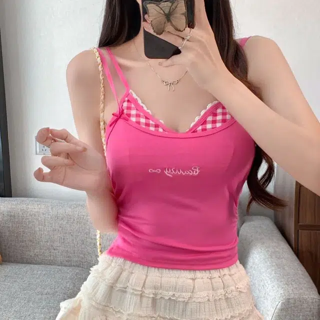 依钗 时尚撞色蕾丝格子假两件辣妹吊带 显瘦显胸大纯欲内搭背心 女款
