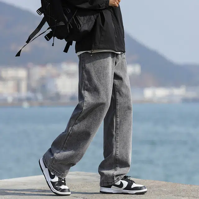 美式简约透气舒适柔软宽松垂感百搭直筒复古高街水洗纯色基础款显高中腰户外阔腿长裤休闲通勤经典牛仔裤 男女同款