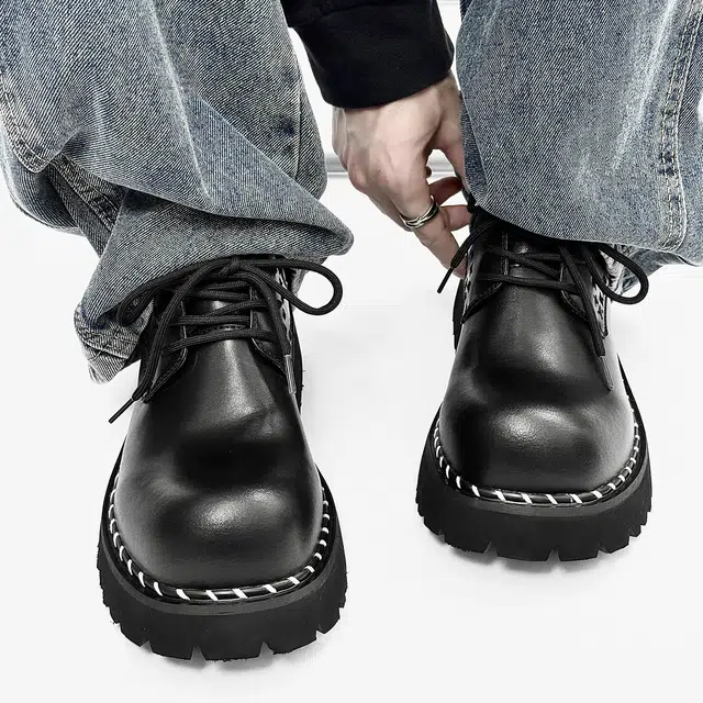 超纤皮 复古小众英伦风厚底时尚百搭设计感 休闲鞋 男款 黑色