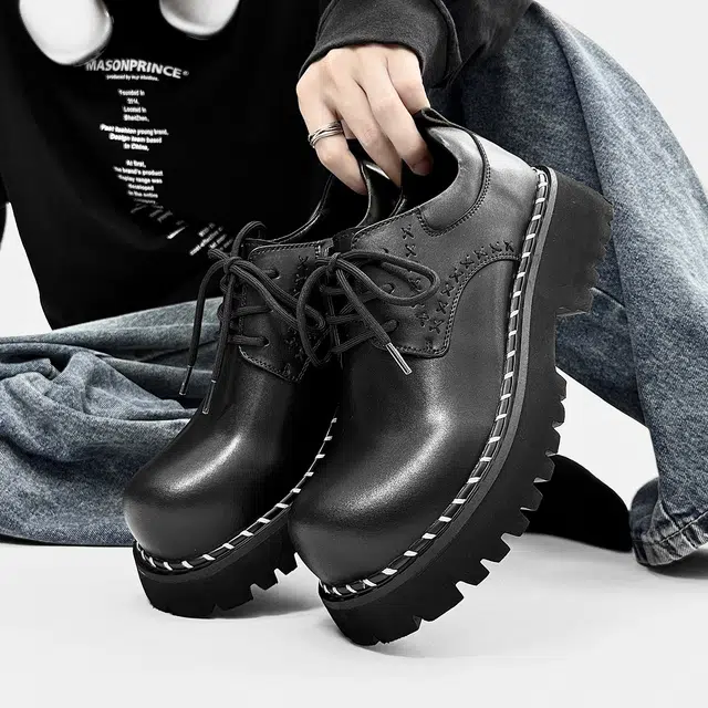 超纤皮 复古小众英伦风厚底时尚百搭设计感 休闲鞋 男款 黑色