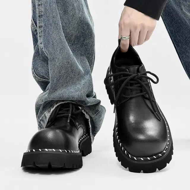超纤皮 复古小众英伦风厚底时尚百搭设计感 休闲鞋 男款 黑色