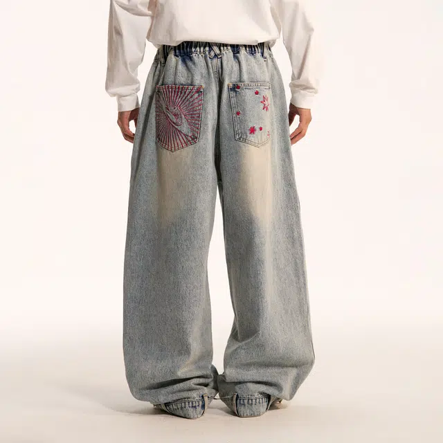 江南先生 流浪者之歌 水洗天然松石点缀倒置腰头设计秋阔腿刺绣长裤百搭休闲牛仔裤 男女同款