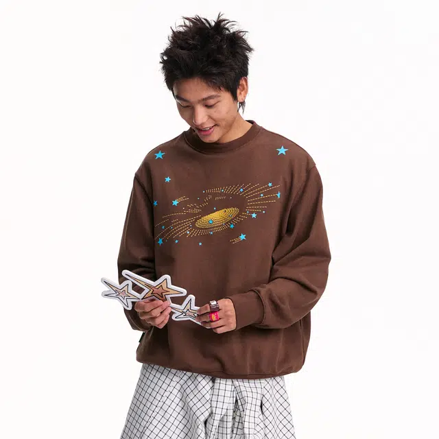 江南先生 高街风趣味恒温暖皮双层绒感粗针星星绣花秋季宽松上衣卫衣 男女同款