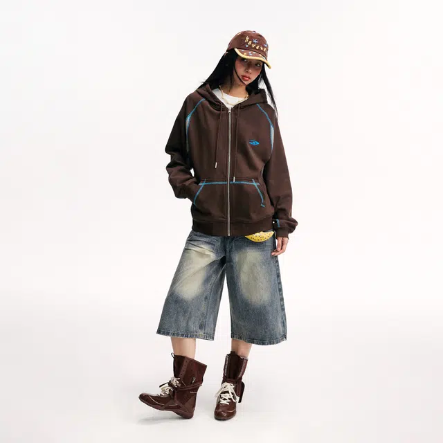 江南先生 大小孩乐园 基础款百搭通勤日常恒温暖皮哈苏线撞色连帽开衫秋宽松休闲外套卫衣 男女同款