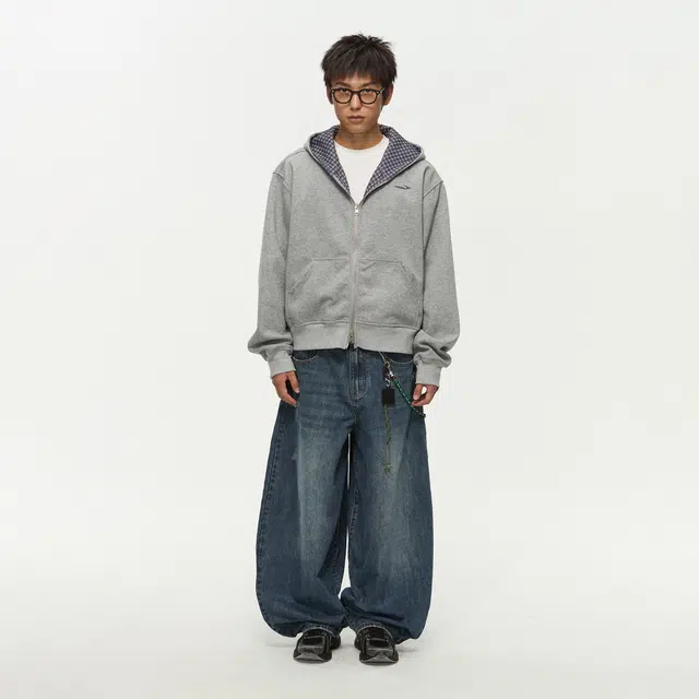 江南先生 复古水洗做旧重磅斜纹磨损猫须裤子宽松休闲百搭长裤弯刀裤深蓝色牛仔裤 男女同款