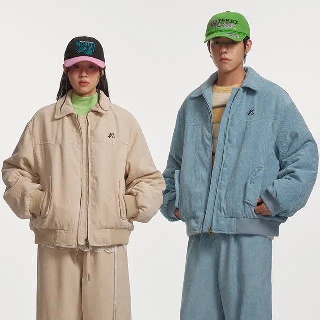 江南先生 美式复古刺绣灯芯绒刺绣翻领加厚保暖外套棉服 男女同款