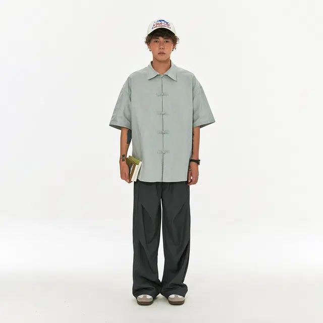 江南先生 复古新中式盘扣纯棉短袖男女夏季纯色休闲宽松情侣外套衬衫 男女同款