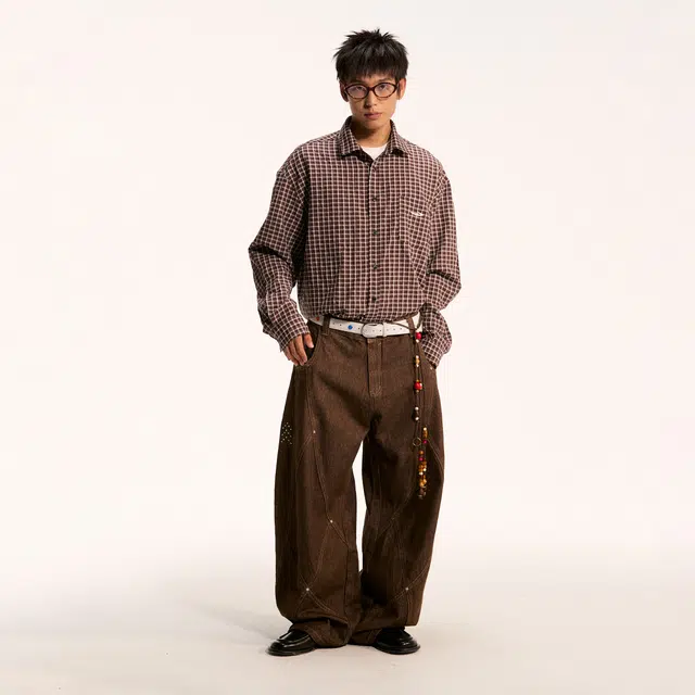 江南先生 流浪者之歌 美式高街风阔腿百搭街头水洗线条感多线分割撞钉宽松休闲牛仔裤 男女同款