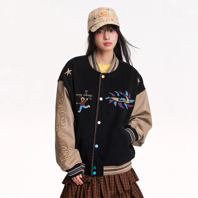 江南先生 大小孩乐园 复古风撞色拼接棒球服童趣图案绣花宽松外套夹克 男女同款