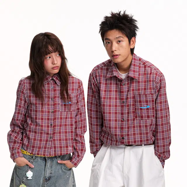 江南先生 美式复古格纹拼接立体绣花外套舒适百搭休闲长袖秋情侣款衬衣衬衫 男女同款