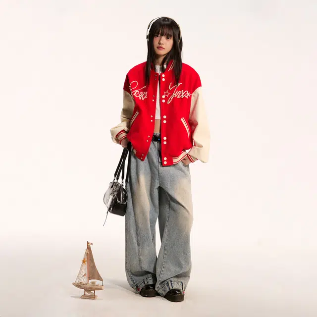 江南先生 流浪者之歌 重工钉珠图案撞色棒球服秋时尚宽松百搭校园户外休闲外套夹克 男女同款