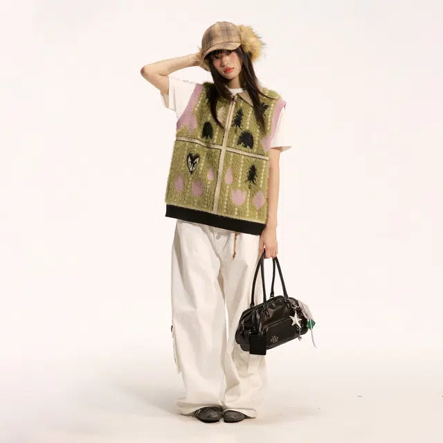 江南先生 流浪者之歌 复古文艺风珠链提花几何叠穿宽松百搭针织马甲背心 男女同款
