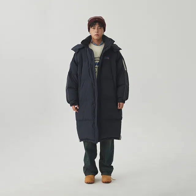江南先生 美式复古防泼水侧边条纹连帽长款羽绒服 男女同款