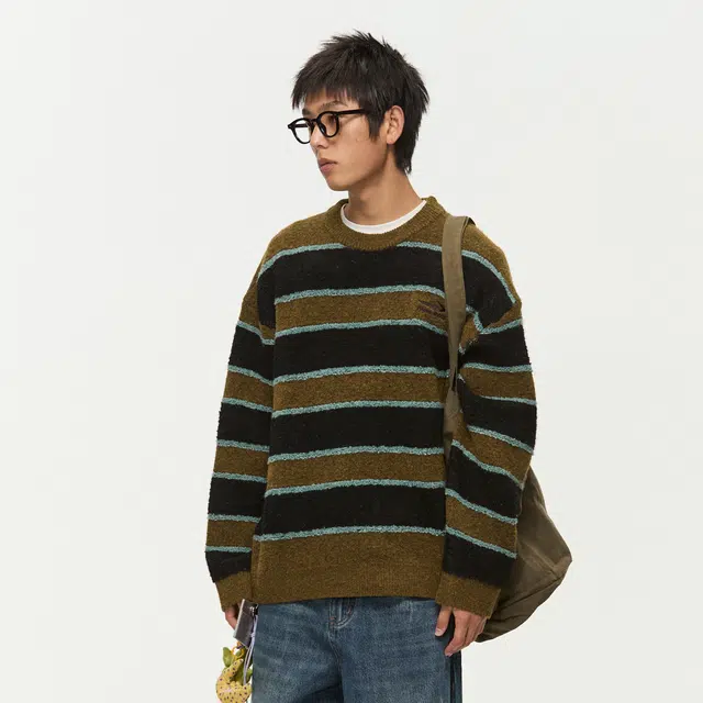 江南先生 复古风百花绒保暖刺绣条纹宽松秋季多色针织毛衣 男女同款