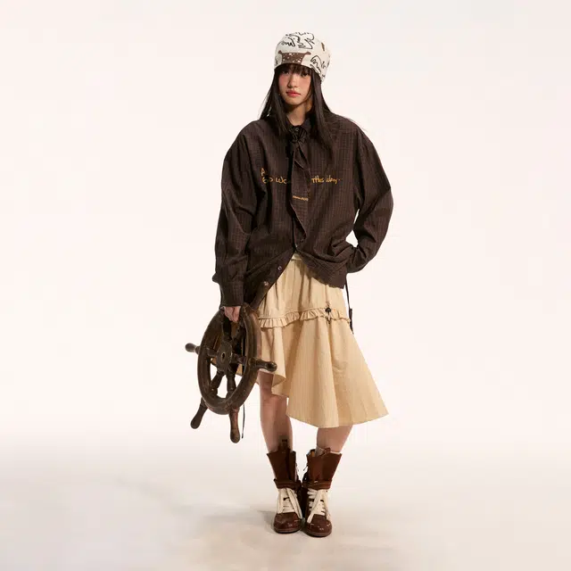 江南先生 流浪者之歌 复古风可拆卸领巾格纹可调节格子外套宽松常规长袖衬衫 男女同款